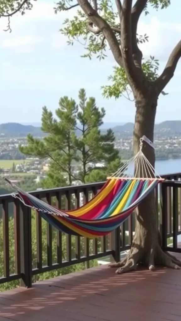 25 Stunning Deck Furniture Ideas for Your Outdoor Oasis 4 Colorful hammock hanging from a tree on a deck with a scenic view.