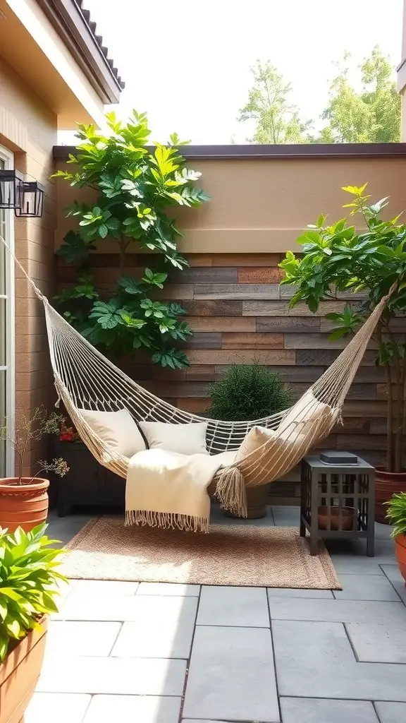 A cozy hammock nook surrounded by greenery and plants