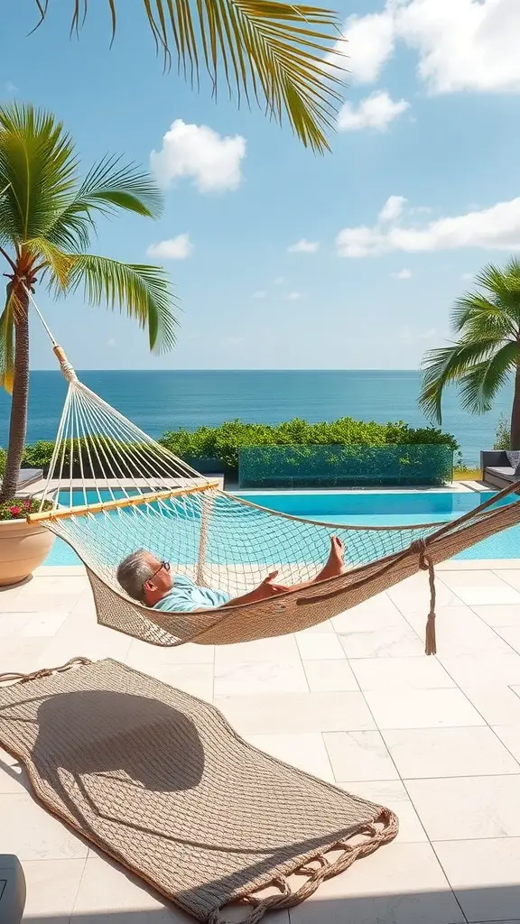 A person relaxing in a hammock on a pool deck with an ocean view.