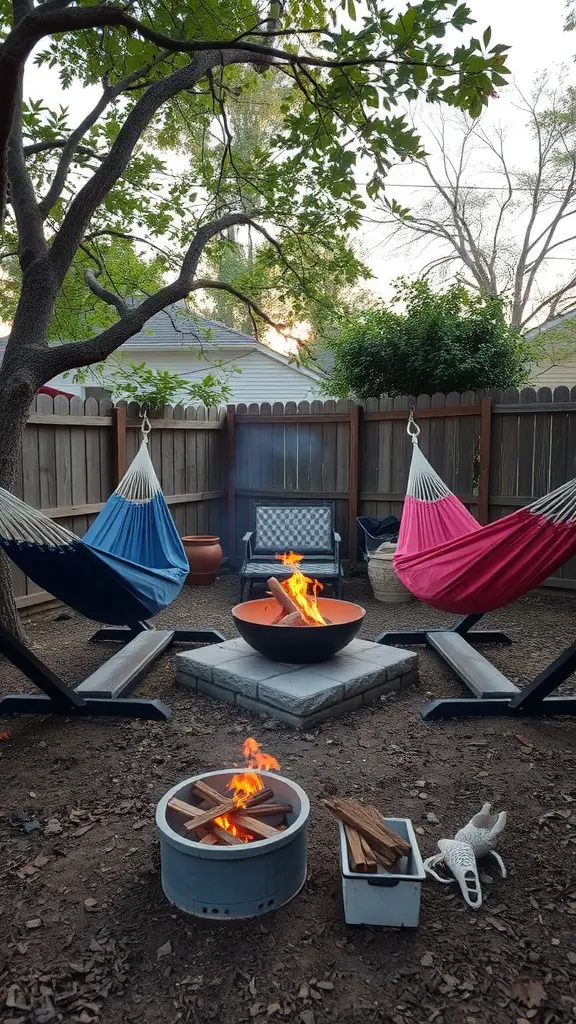 Outdoor seating area with hammocks near a fire pit