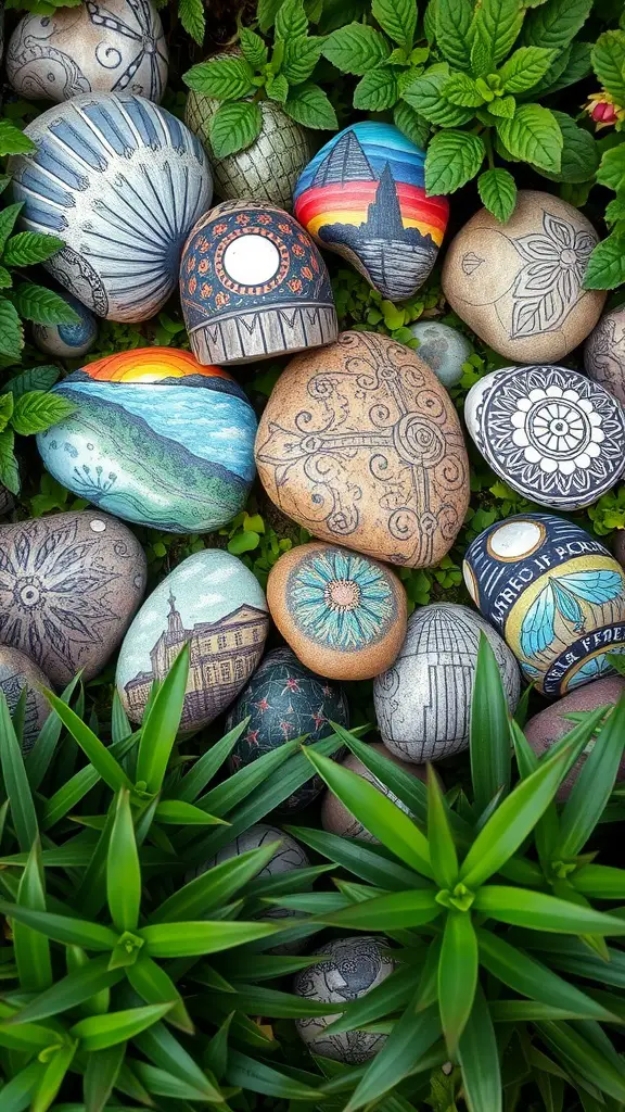 17 Fun Summer Craft Ideas for Endless Creativity 12 A collection of hand-painted garden stones arranged among green plants.