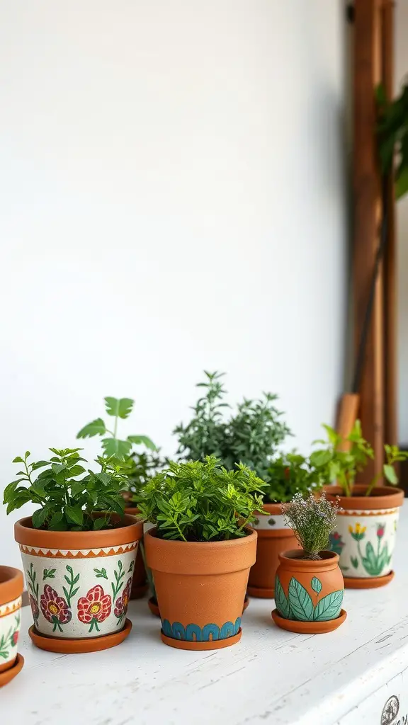 21 Stunning Summer Table Decoration Ideas You'll Love 17 A collection of hand-painted terracotta pots with various plants, adding a colorful touch to a summer table.