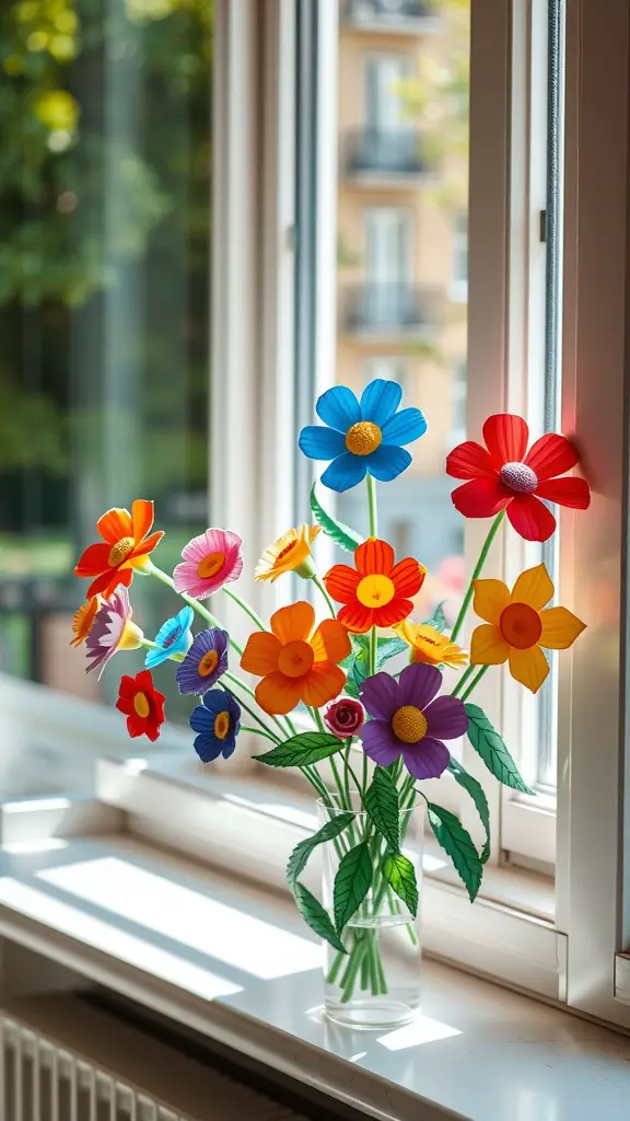 A vibrant bouquet of handcrafted paper flowers in a vase by a window