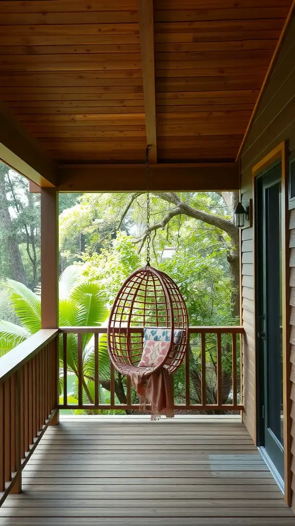 21 Inspiring Small Deck Ideas to Maximize Your Outdoor Space 12 Hanging chair on a wooden deck surrounded by greenery