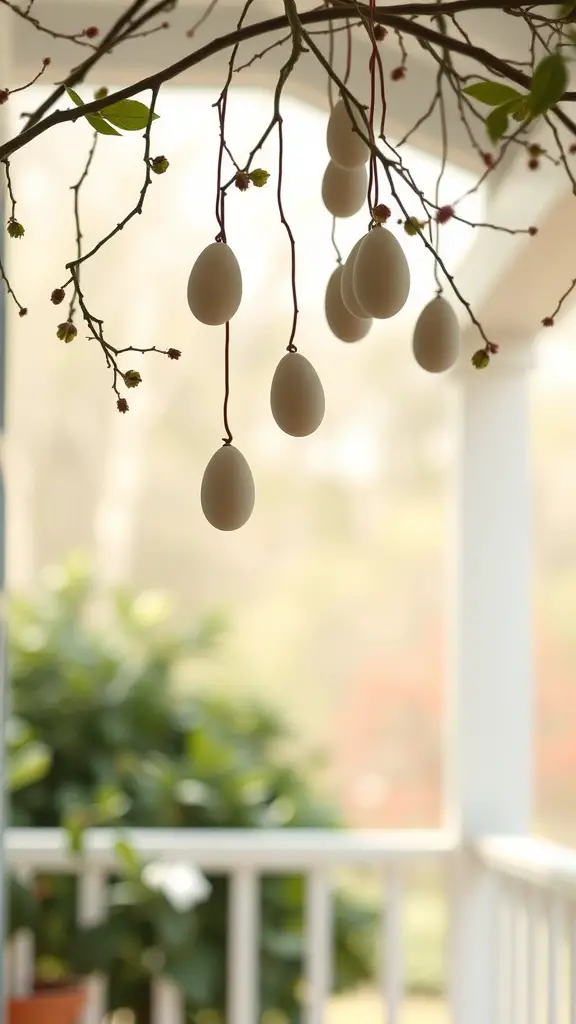 Branch with hanging eggs and budding leaves for Easter decoration