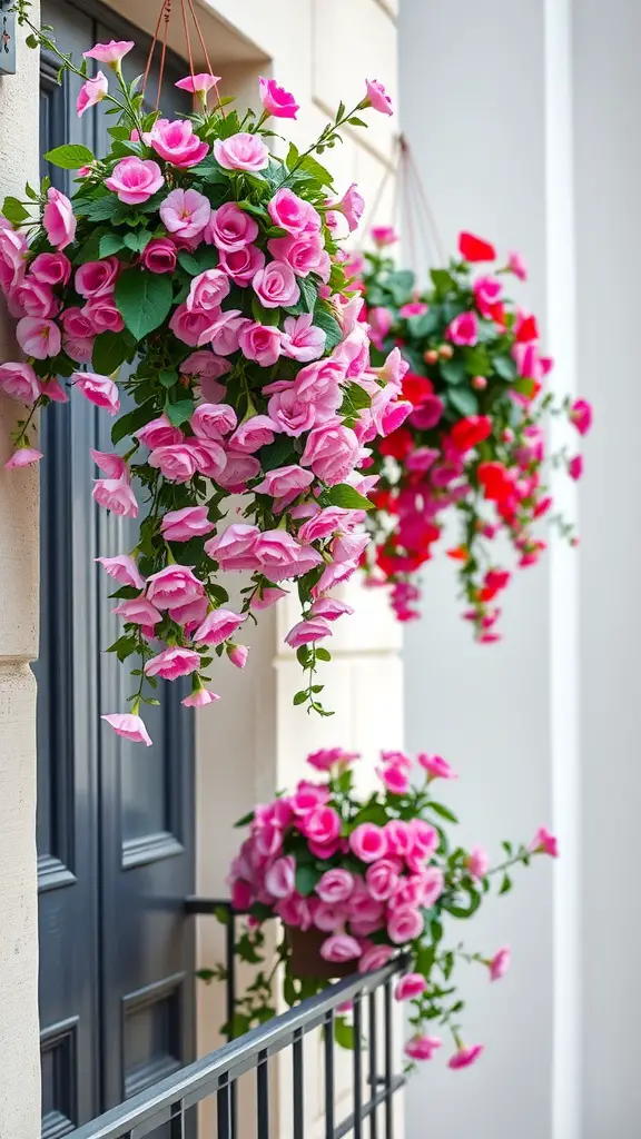 Hanging flower boxes with pink and red flowers on a balcony