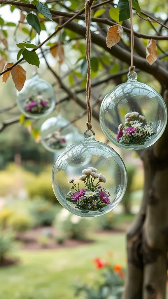 Hanging glass globes filled with flowers, suspended from a tree branch in a garden.