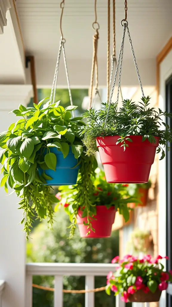 Hanging herb baskets with colorful pots filled with fresh herbs