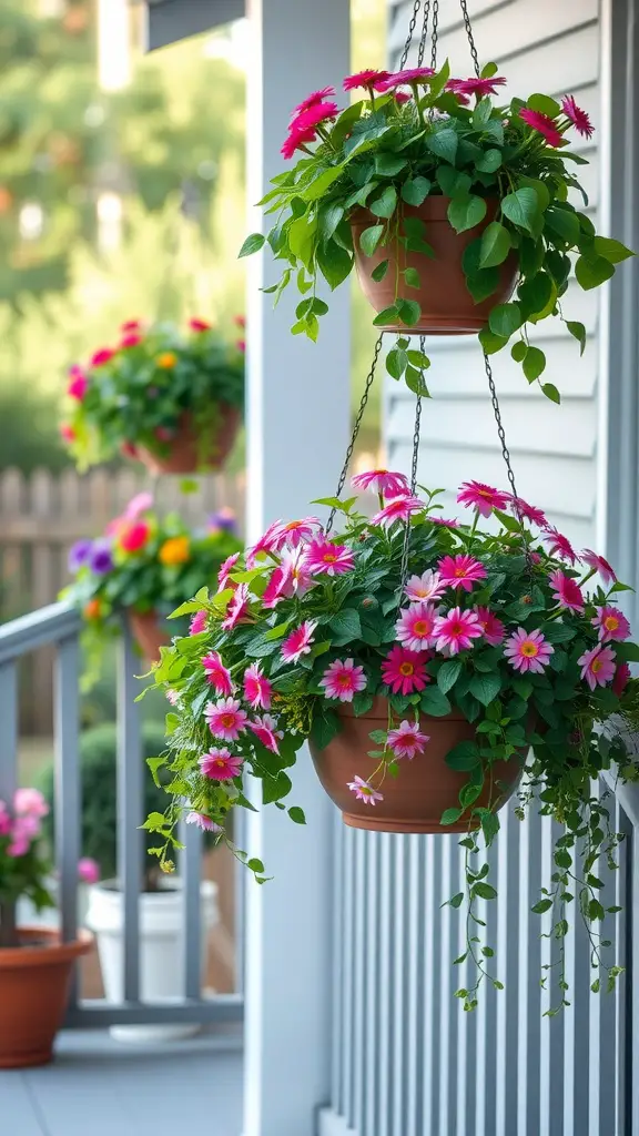 15 Creative DIY Deck Planter Ideas to Enhance Your Outdoor Space 6 Hanging planter baskets filled with pink daisies and green foliage on a porch