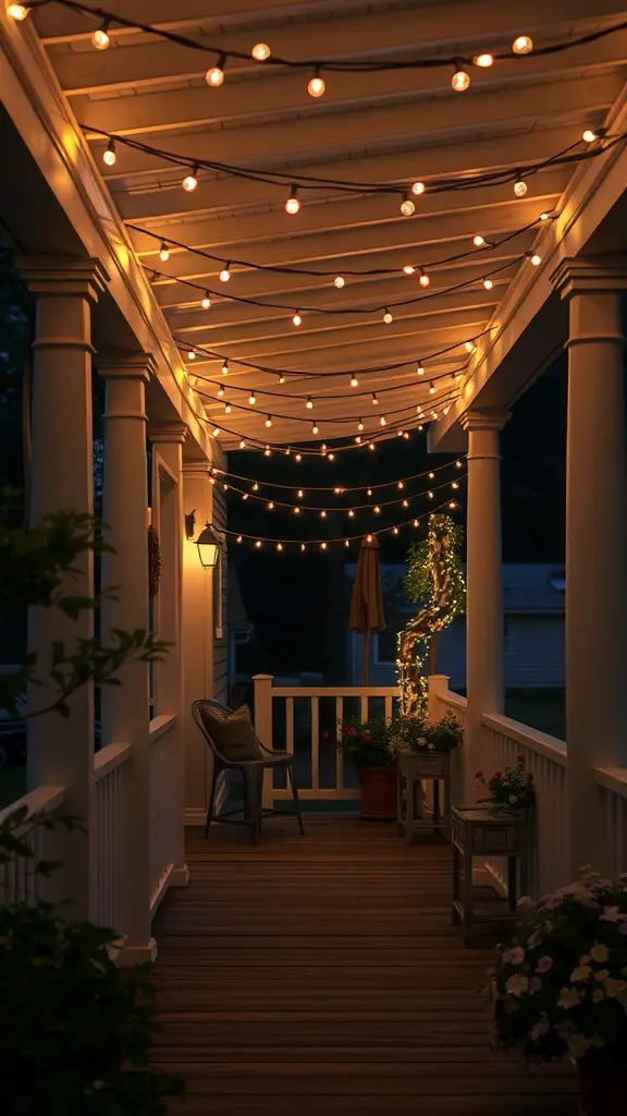 23 Inspiring Summer Porch Decor Ideas for a Vibrant Outdoor Space 6 Cozy porch decorated with hanging string lights and potted plants.