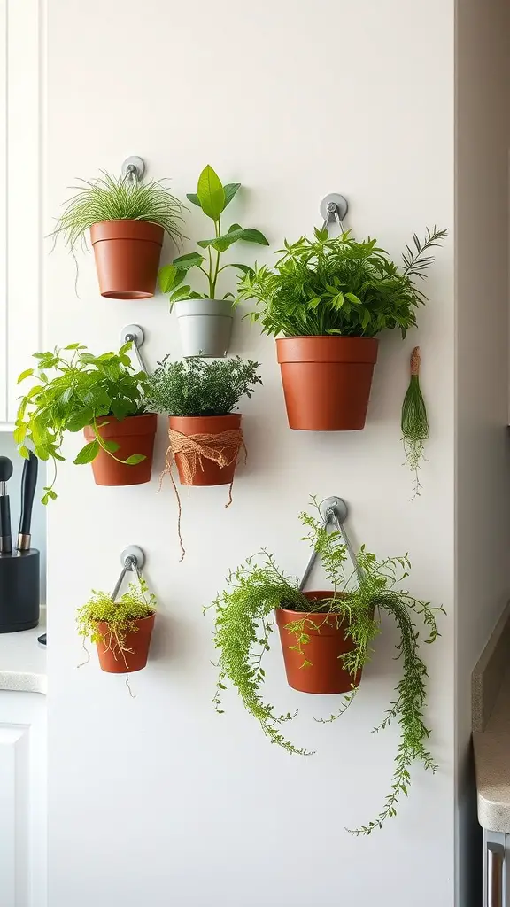 A collection of hanging wall-mounted planters with various herbs and plants.