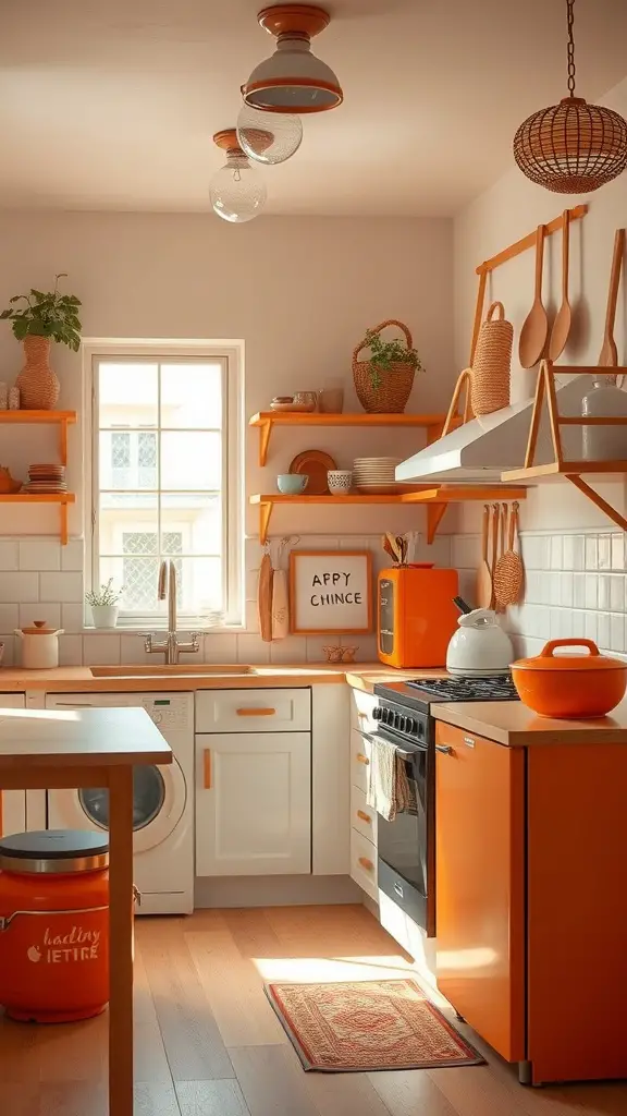 27 Cozy Kitchen Ideas to Warm Up Your Space 19 A warm kitchen with orange accents and natural wood elements, featuring open shelving and plants.