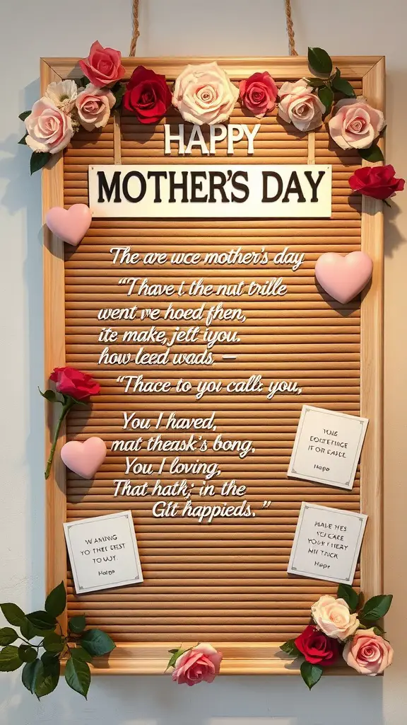 A decorated message board for Mother's Day with flowers and heartfelt messages.