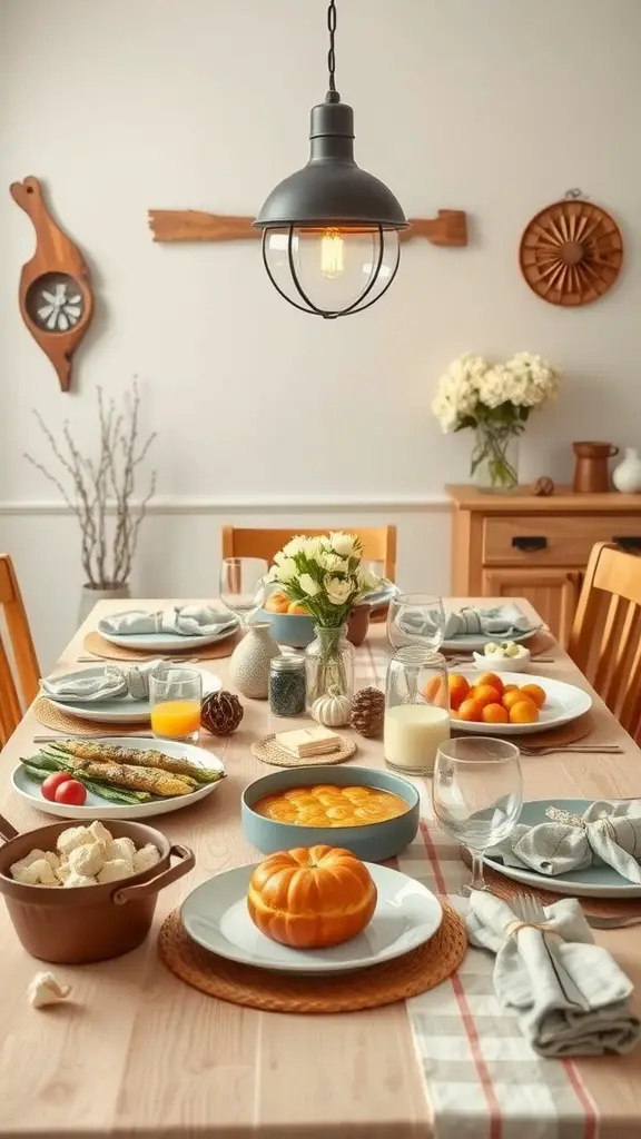 A beautifully arranged dining table for a family gathering, featuring a variety of food, soft lighting, and rustic decor.