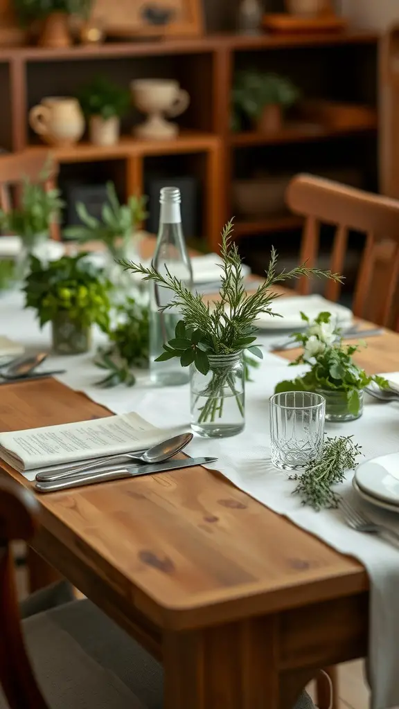 A nicely decorated table for Mother’s Day brunch with herbs in jars and a simple menu layout.