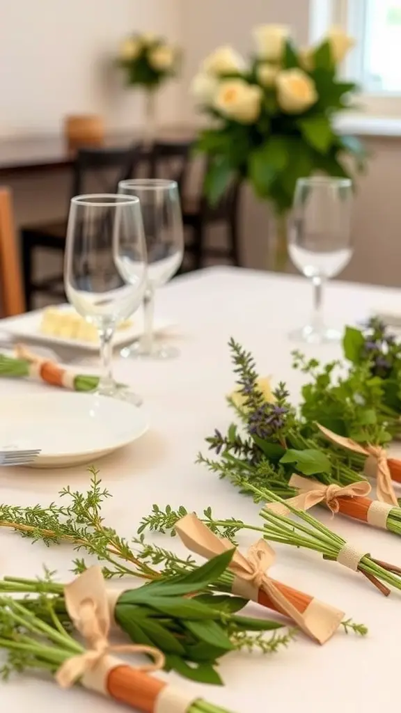 21 Stunning Summer Table Decoration Ideas You'll Love 15 A table setting featuring herb bouquets as favors with wine glasses and a vase of roses in the background.