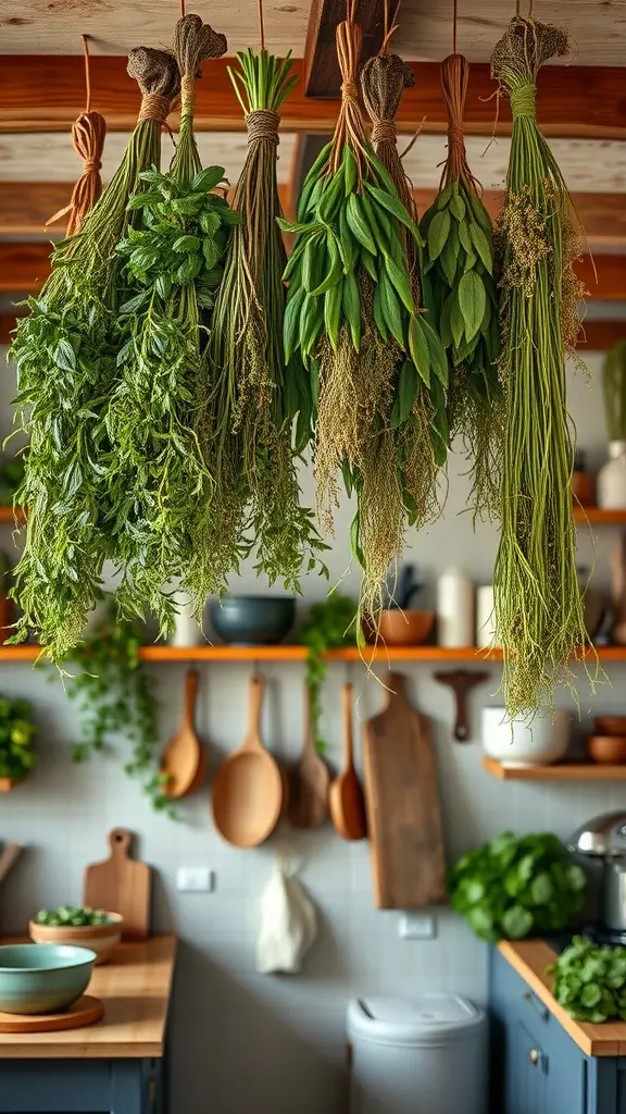 A kitchen with various herbs hanging from the ceiling, showcasing a rustic drying method.