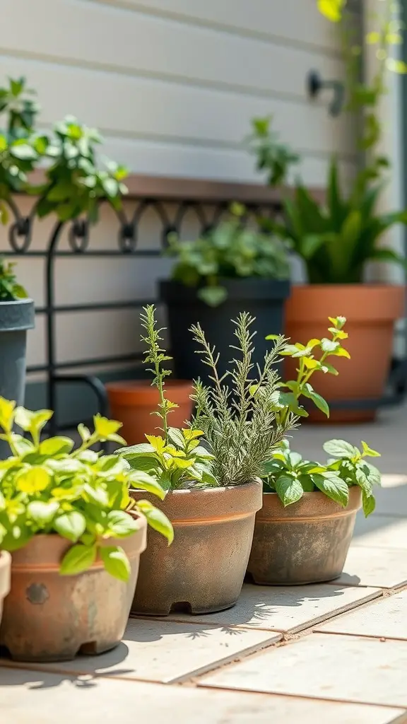 A small patio garden with various potted herbs including basil, mint, and rosemary.