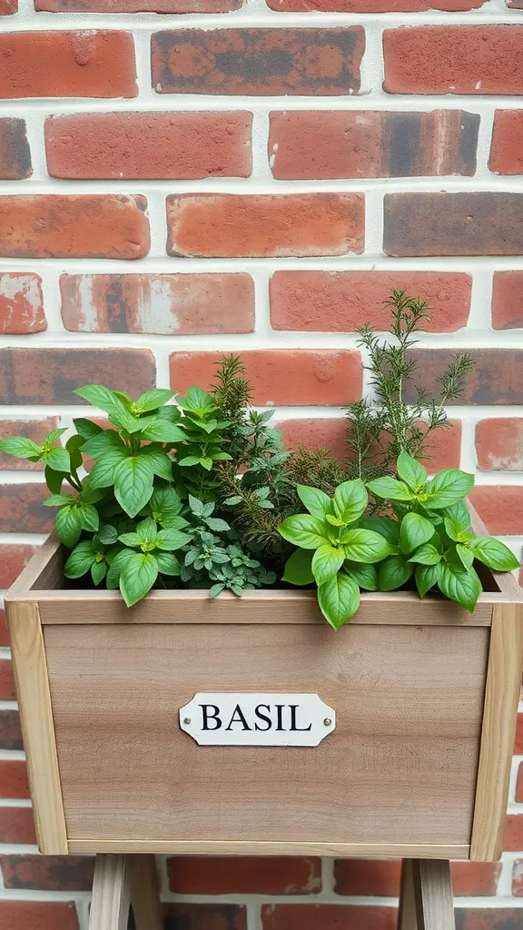 29 Stunning Flower Box Ideas to Brighten Your Outdoor Space 5 A wooden flower box filled with basil and other herbs against a brick wall.