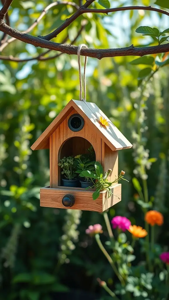 A wooden birdhouse planter hanging from a branch, with fresh herbs growing inside.