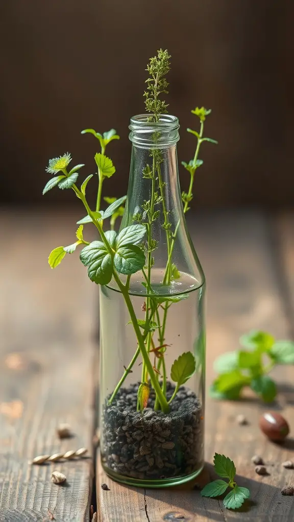 A glass bottle containing young herb plants growing in soil, placed on a wooden surface.