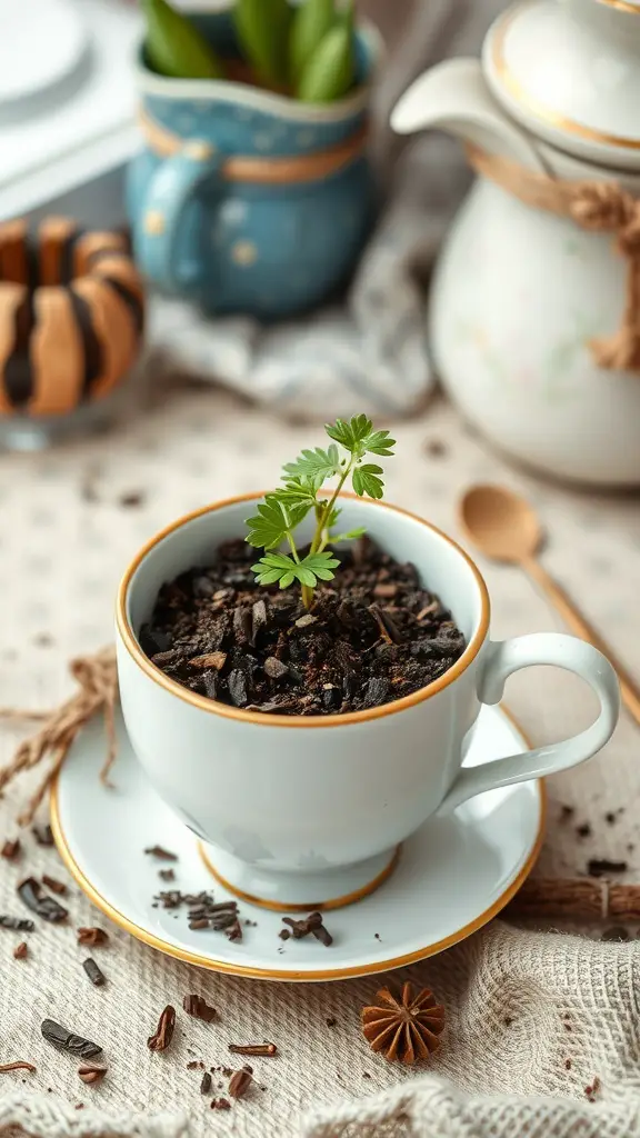 A teacup with soil and a small herb plant on a textured fabric background.