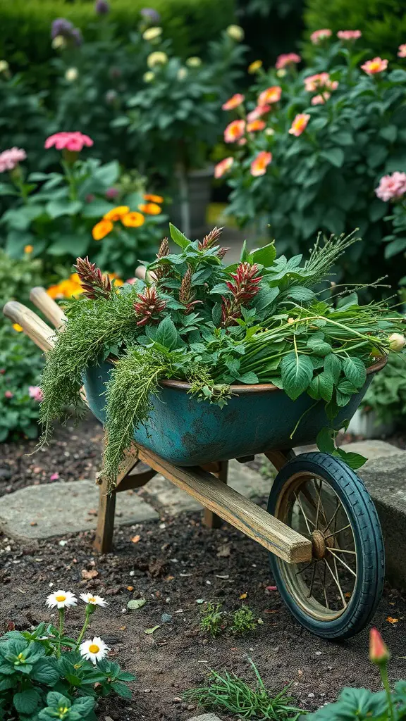 A wheelbarrow filled with various herbs, surrounded by colorful flowers in a garden.