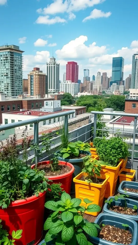 A vibrant rooftop herb garden with colorful planters and a city skyline in the background.