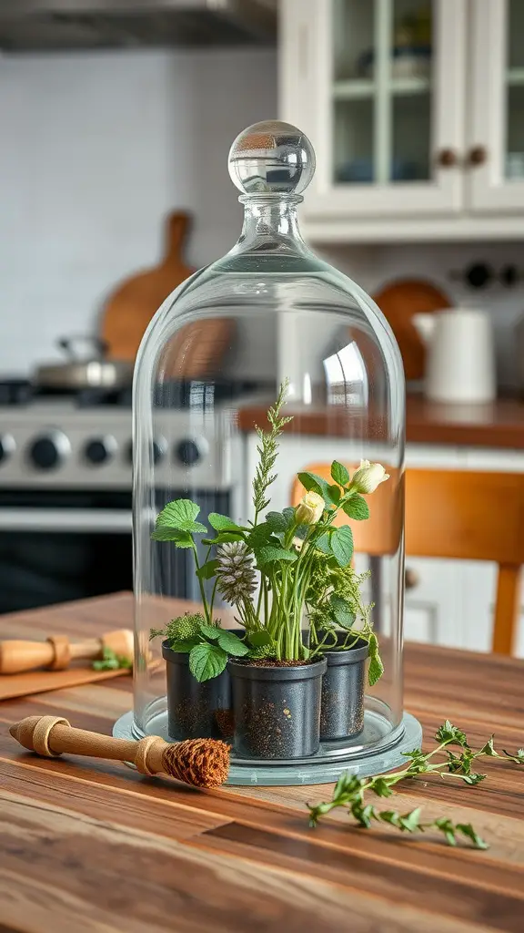 A glass cloche covering small herb pots on a wooden kitchen table