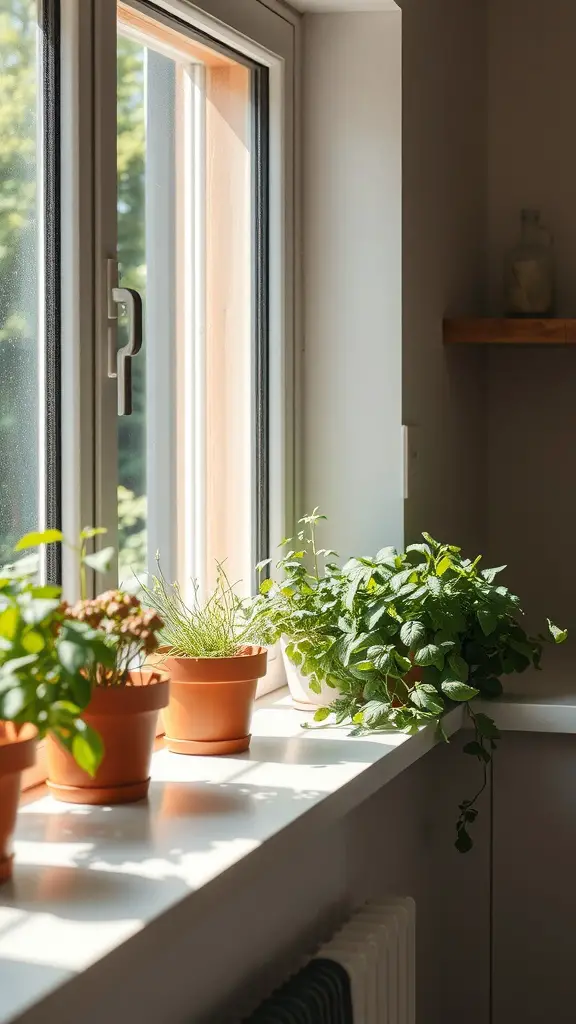 27 Cozy Kitchen Ideas to Warm Up Your Space 5 A sunlit kitchen windowsill with various herb pots including mint and basil, showcasing a cozy gardening setup.
