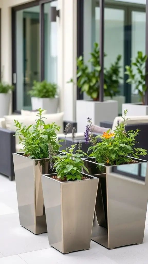 A stylish herb garden featuring reflective planters filled with various herbs, set on a modern patio.