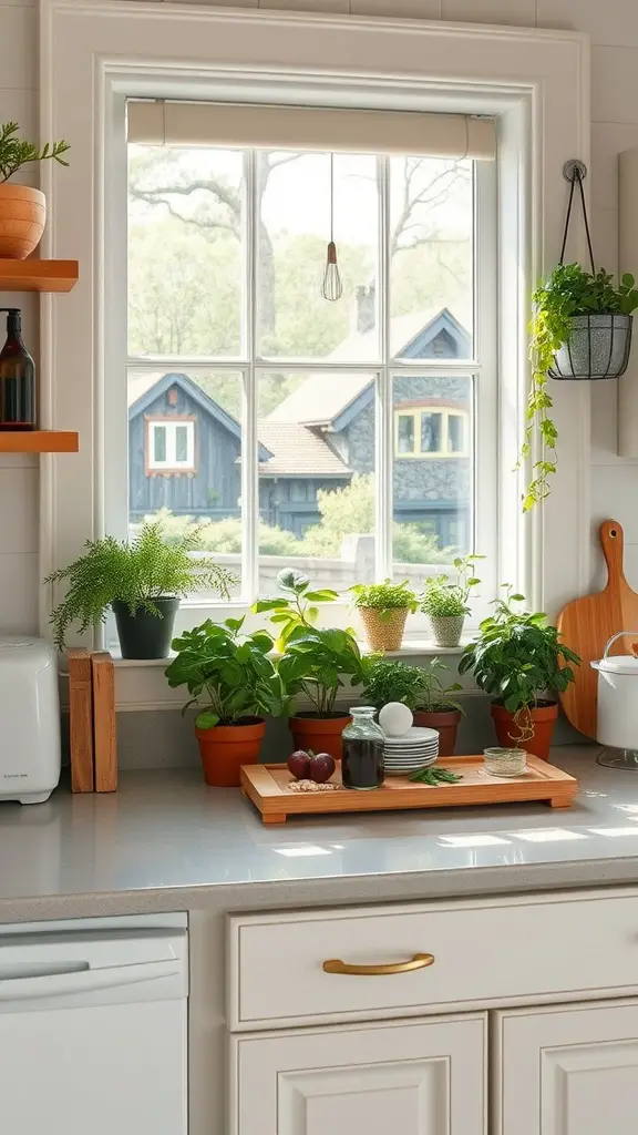 A bright kitchen window with a variety of potted herbs and plants on the windowsill, enhancing the space with greenery.