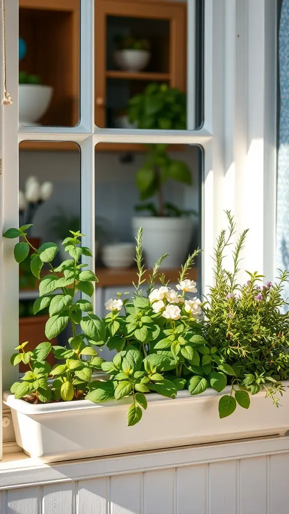 A window box filled with various herbs and flowers, showcasing a healthy, vibrant garden.