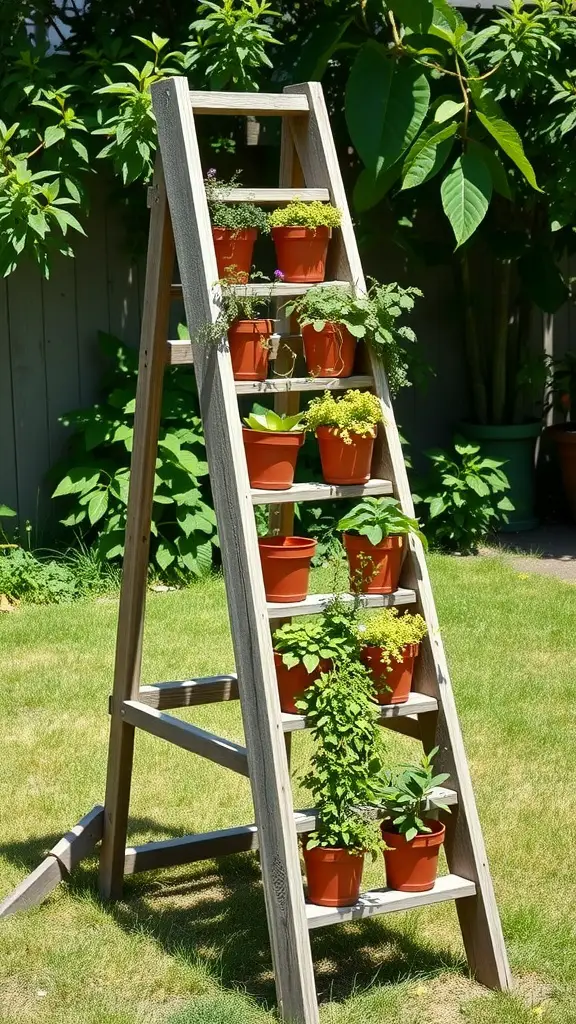 A wooden ladder with various herb plants in pots, set in a green garden.