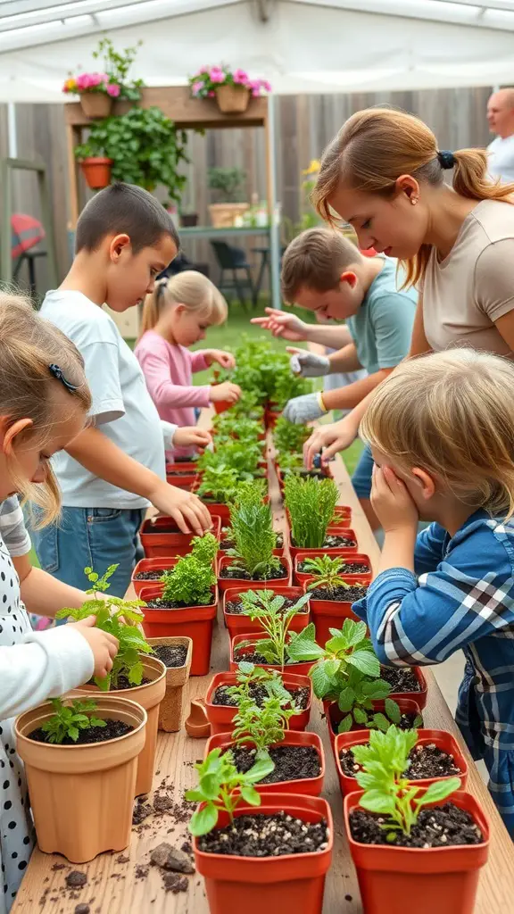 Children and an adult planting herbs in pots during a garden activity.