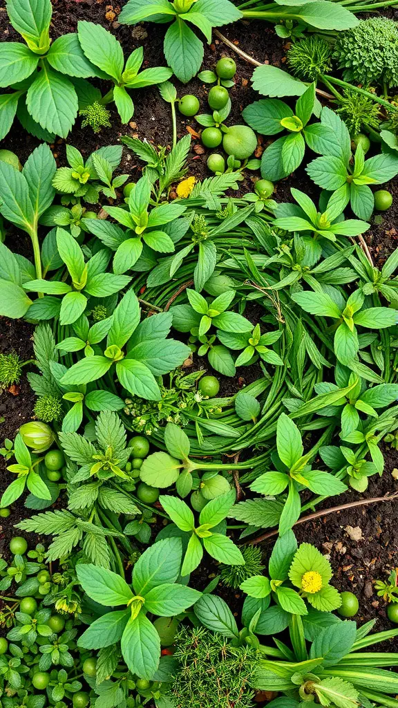 A close-up view of a lush herb spiral garden with various green herbs and small plants.