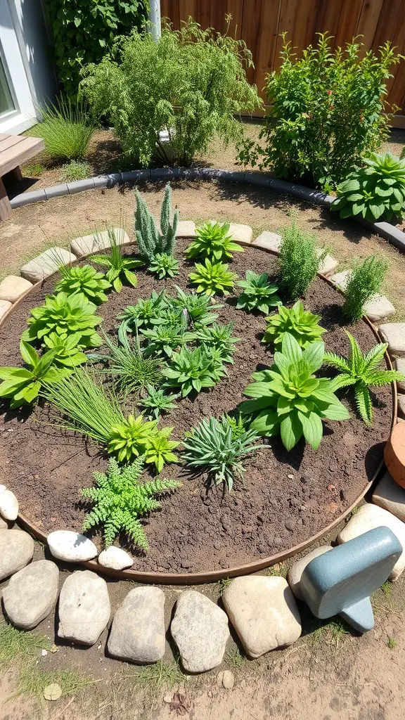 Top view of a circular herb spiral garden with various herbs planted inside.