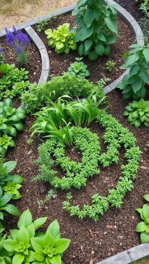 A beautifully arranged herb spiral garden bed showcasing various herbs in a circular design.