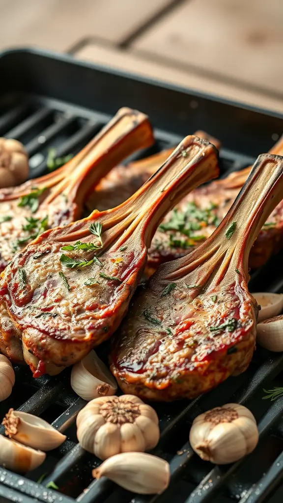 Grilled herbed lamb chops with garlic cloves on a grill