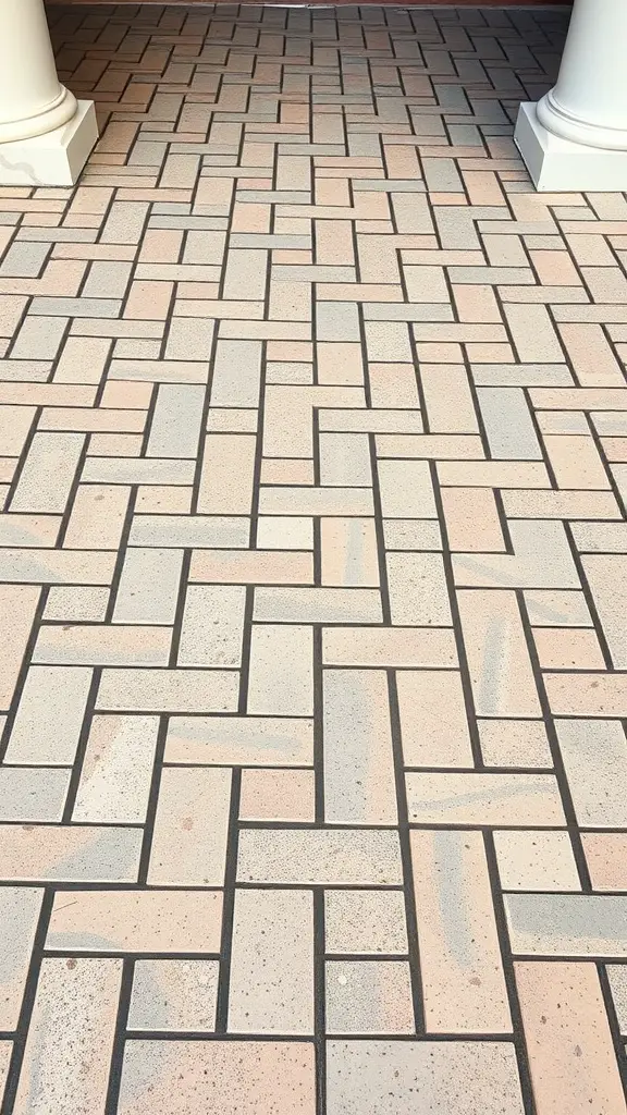 Herringbone pattern walkway with rectangular tiles in a zigzag layout.