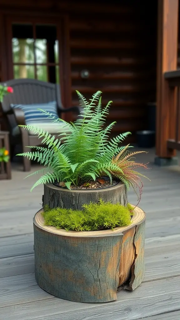 15 Creative DIY Deck Planter Ideas to Enhance Your Outdoor Space 17 A stacked hollow log planter with ferns and moss, set on a wooden deck.