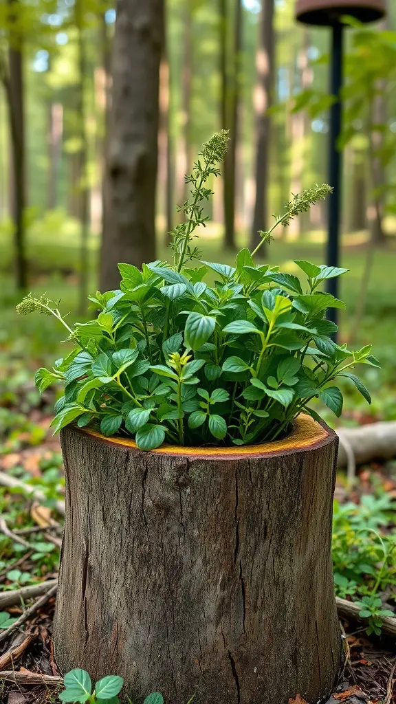 A hollowed log filled with green herbs standing in a forest setting.