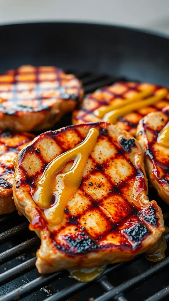 Grilled pork chops with honey mustard glaze on a grill