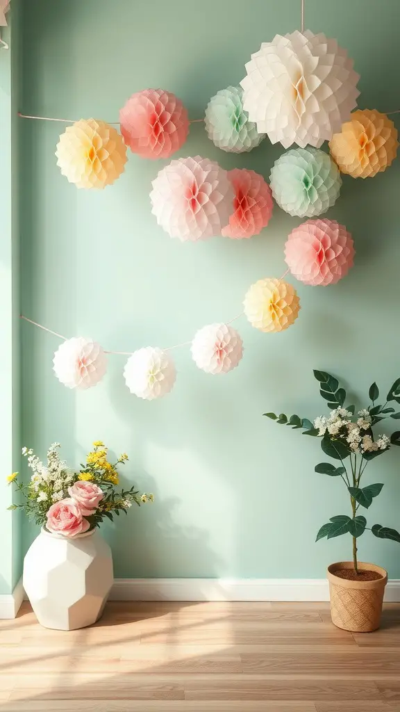 Colorful honeycomb paper garland hanging on a mint green wall with flowers in vases.