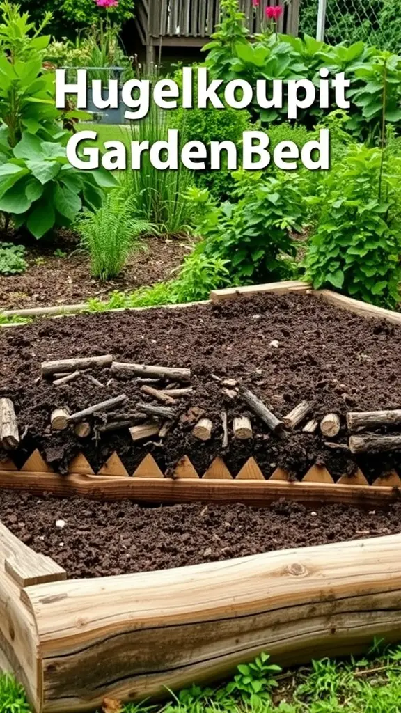 Hugelkultur garden bed showcasing layers of wood and soil for moisture retention