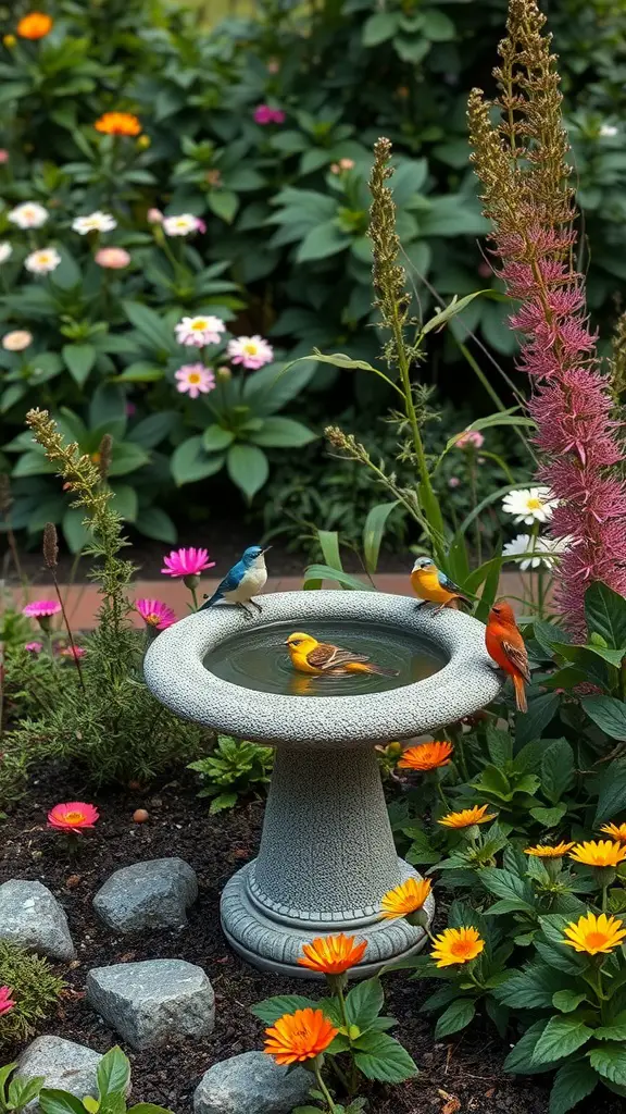 A hypertufa bird bath surrounded by colorful flowers and birds bathing.