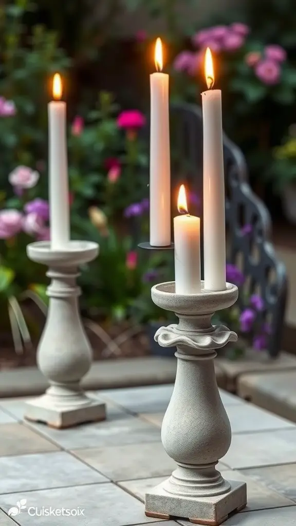 Two hypertufa candle holders with white candles lit, set against a backdrop of colorful flowers.