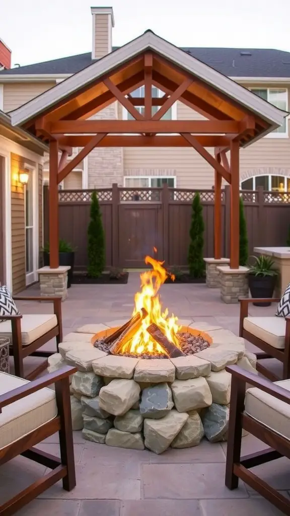 A cozy hypertufa fire pit surrounded by chairs and a wooden pergola.