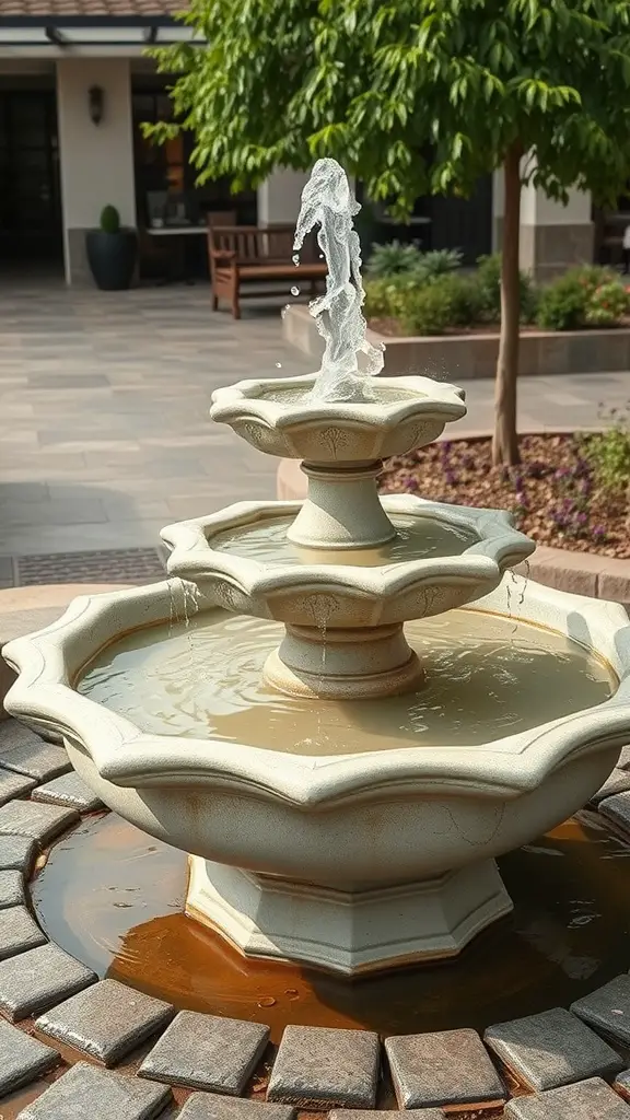 A tiered hypertufa fountain with water flowing in a garden setting.