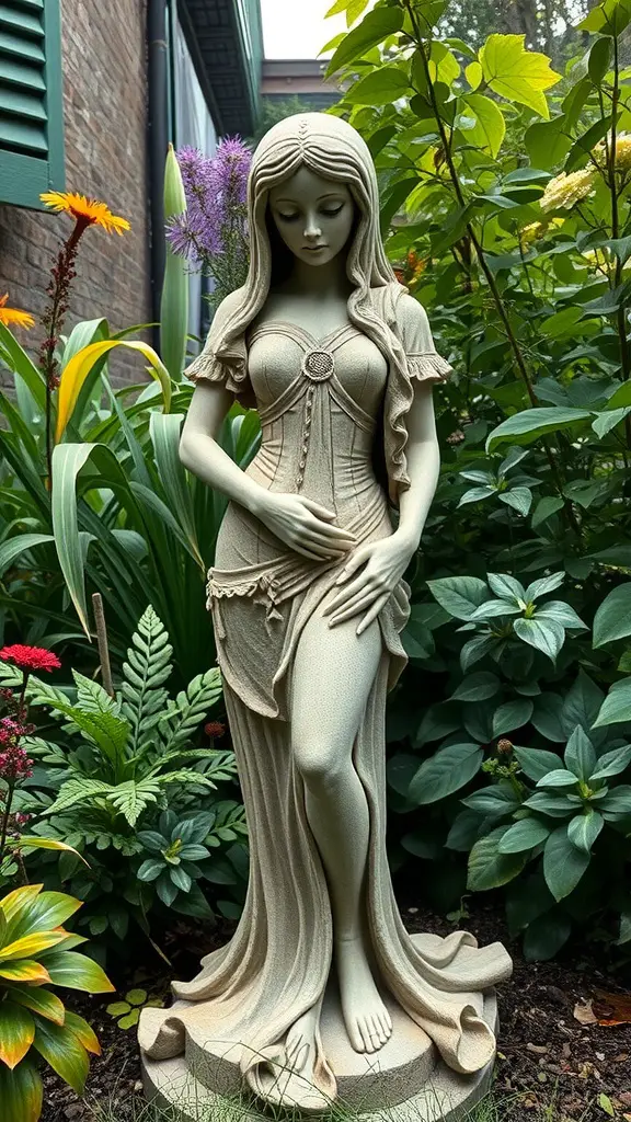 A detailed hypertufa statue of a woman in a garden setting, surrounded by colorful plants.